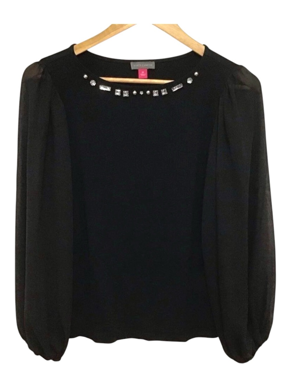 VINCE Camuto XS black crystal detailled jersey sheer jewels top round neck